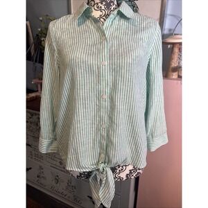 Chico's Green White Striped Button Front Shirt Womens Sz 0 Small Hi Low Linen